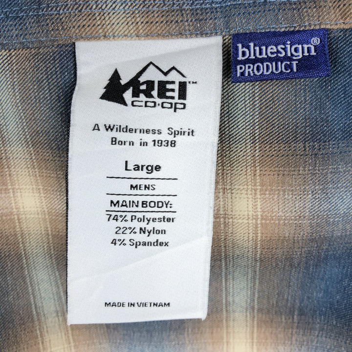 REI Ombre Check Long-Sleeve Polyester Shirt, Men's Size L (approx.) polyester blue type Vintage Second Hand