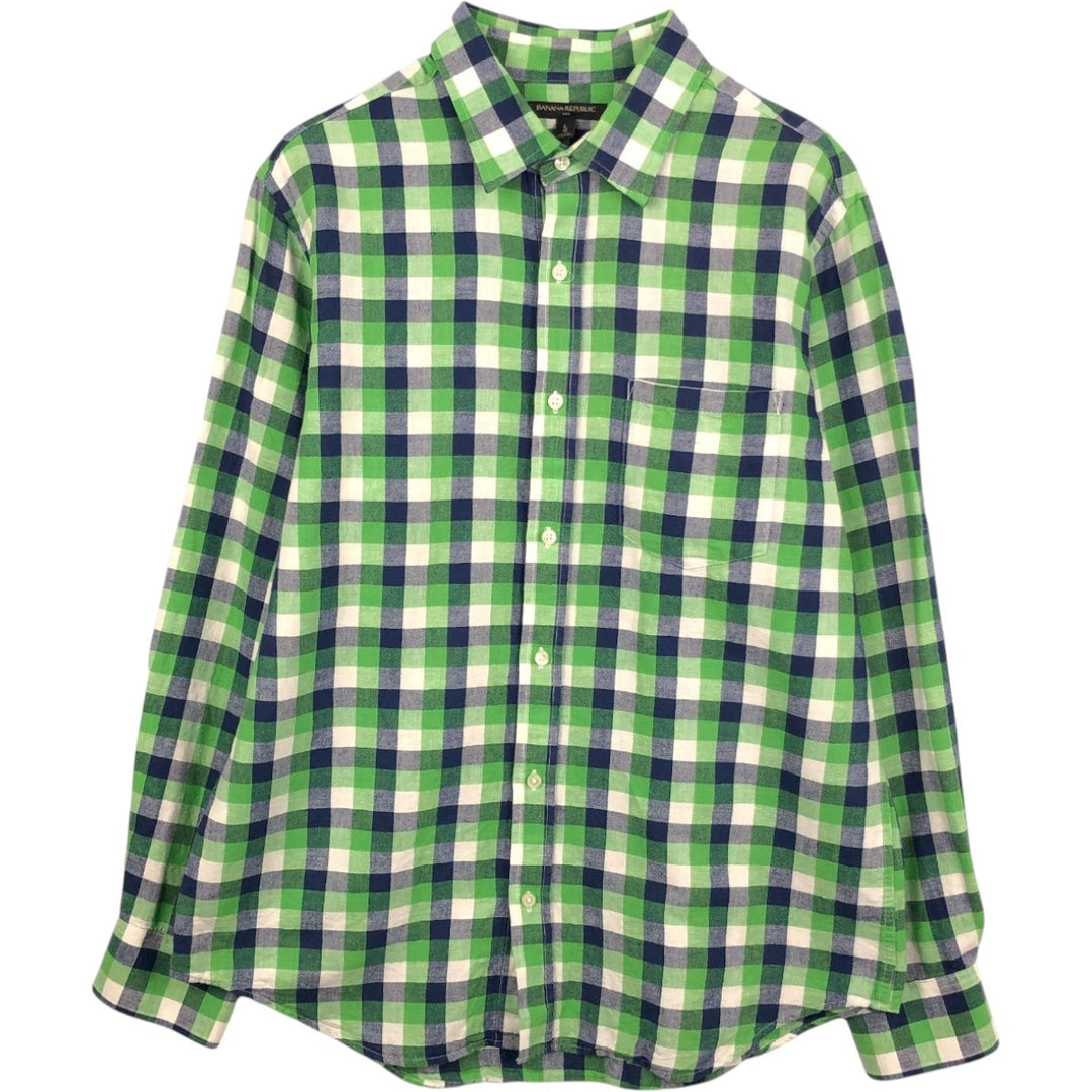 2000'S Banana Republic Check Pattern Long-Sleeve Linen x Cotton Shirt, Men's Size L (approx.) linen green type Vintage Second Hand