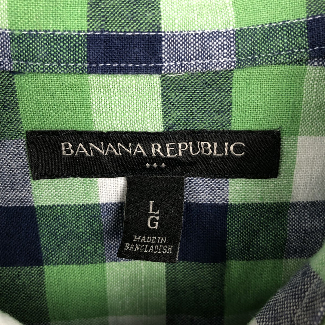 2000'S Banana Republic Check Pattern Long-Sleeve Linen x Cotton Shirt, Men's Size L (approx.) linen green type Vintage Second Hand