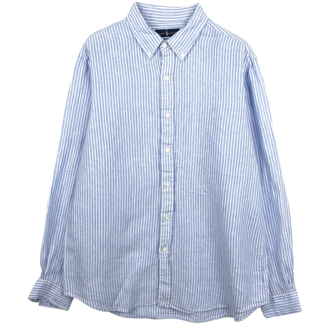 Ralph Lauren Striped Pattern Long-Sleeve Linen Button-Down Shirt, Men's Size XL (approx.) linen Blue type light blue Vintage Second Hand
