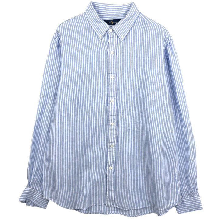 Ralph Lauren Striped Pattern Long-Sleeve Linen Button-Down Shirt, Men's Size XL (approx.) linen Blue type light blue Vintage Second Hand