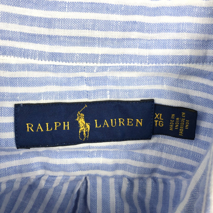 Ralph Lauren Striped Pattern Long-Sleeve Linen Button-Down Shirt, Men's Size XL (approx.) linen Blue type light blue Vintage Second Hand