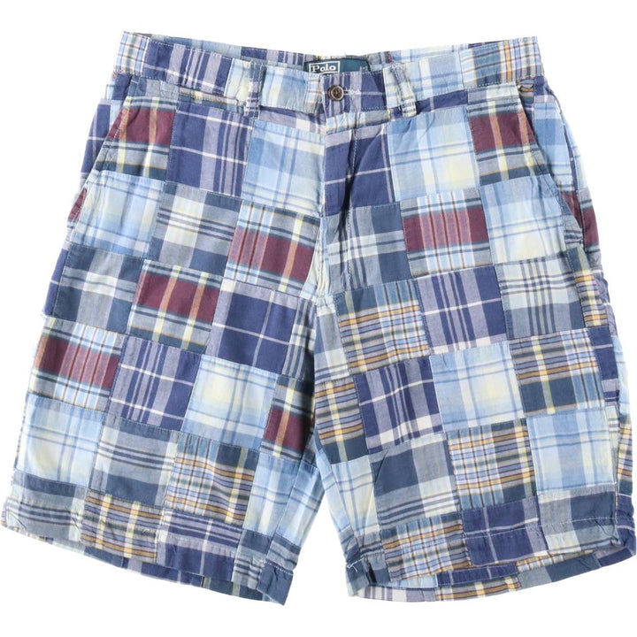 Ralph Lauren POLO by Ralph Lauren Check Pattern Patchwork Cotton Shorts, Men's Size W32 (approx.) cotton blue type Vintage Second Hand