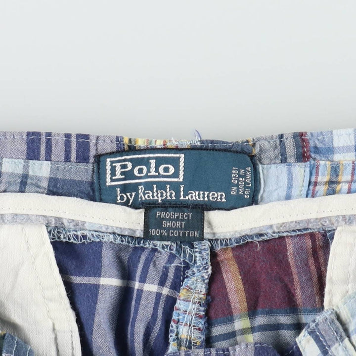 Ralph Lauren POLO by Ralph Lauren Check Pattern Patchwork Cotton Shorts, Men's Size W32 (approx.) cotton blue type Vintage Second Hand
