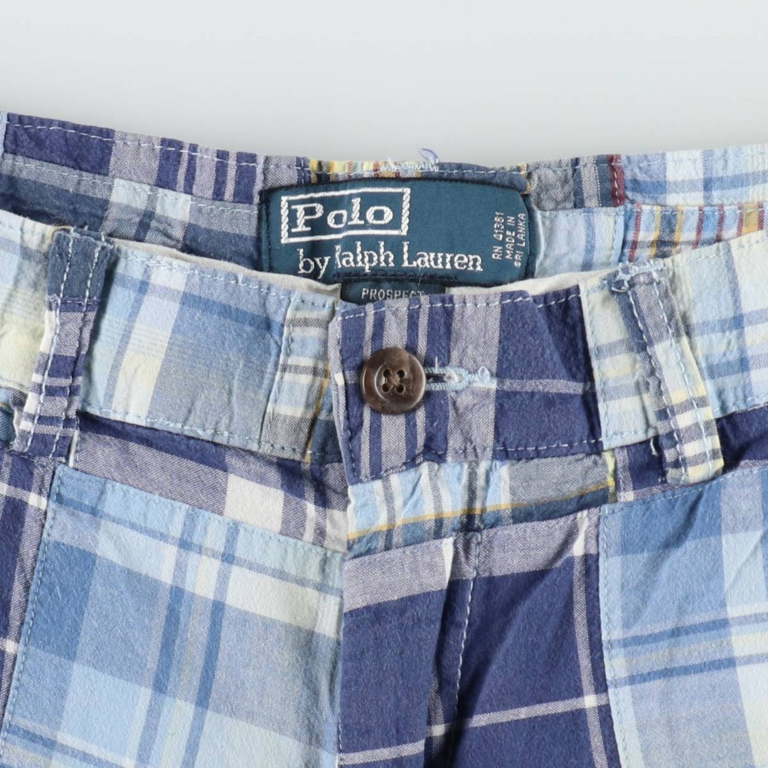 Ralph Lauren POLO by Ralph Lauren Check Pattern Patchwork Cotton Shorts, Men's Size W32 (approx.) cotton blue type Vintage Second Hand