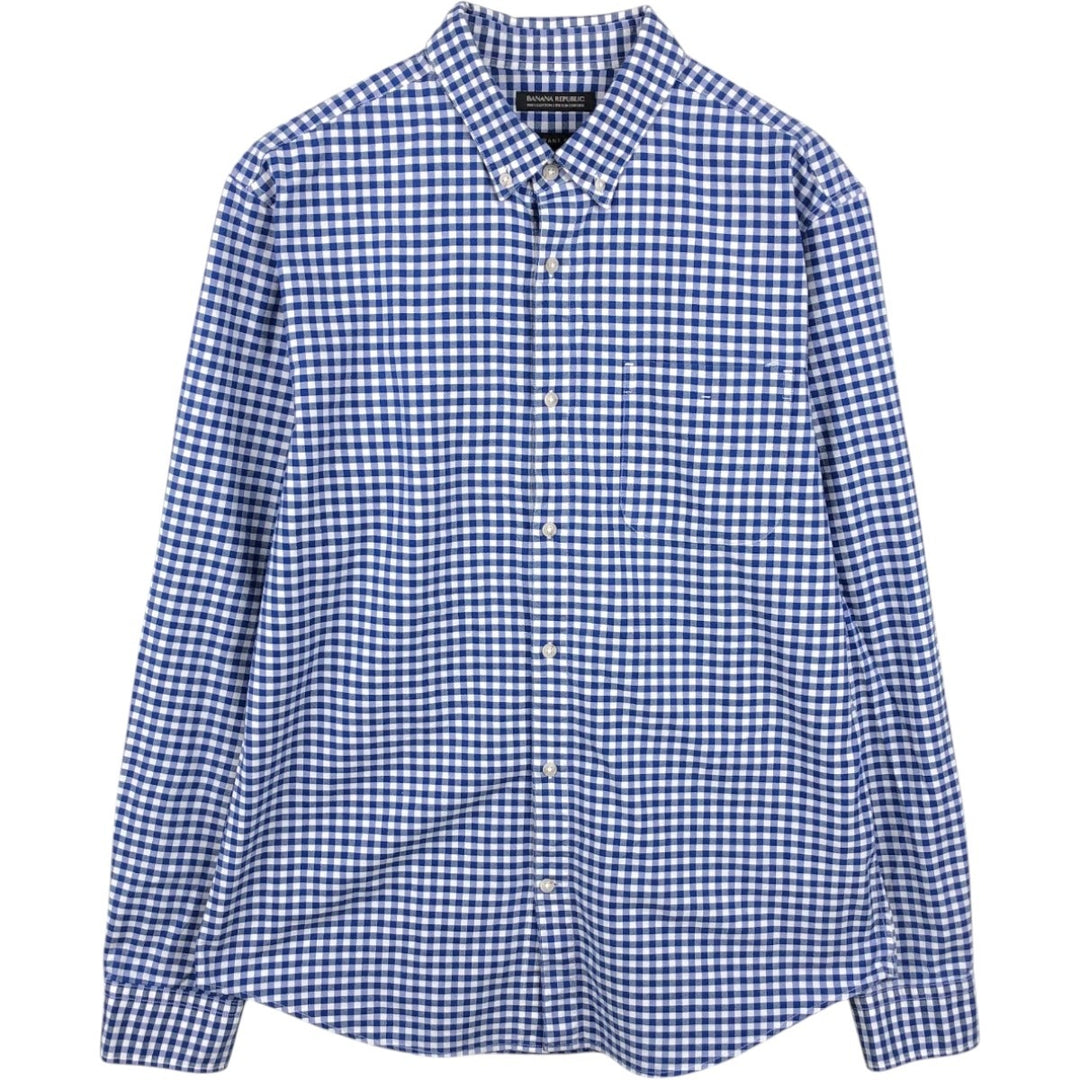 Banana Republic GRANT FIT Gingham Check Long-Sleeve Button-Down Check Shirt (Men's Size L equivalent) cotton blue type Vintage Second Hand