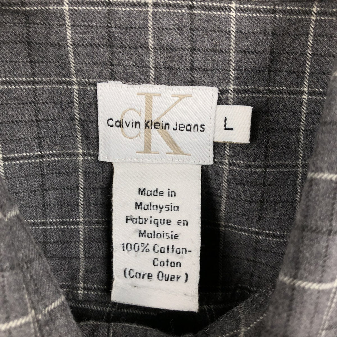 Calvin Klein Jeans Long-Sleeve Button-Down Check Shirt, Men's Size L (approx.) cotton gray type Vintage Second Hand