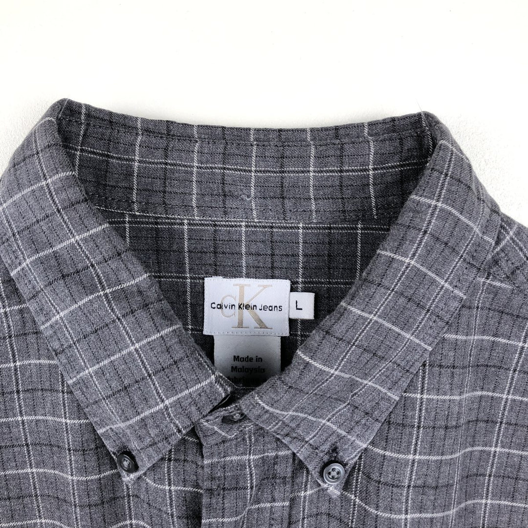 Calvin Klein Jeans Long-Sleeve Button-Down Check Shirt, Men's Size L (approx.) cotton gray type Vintage Second Hand