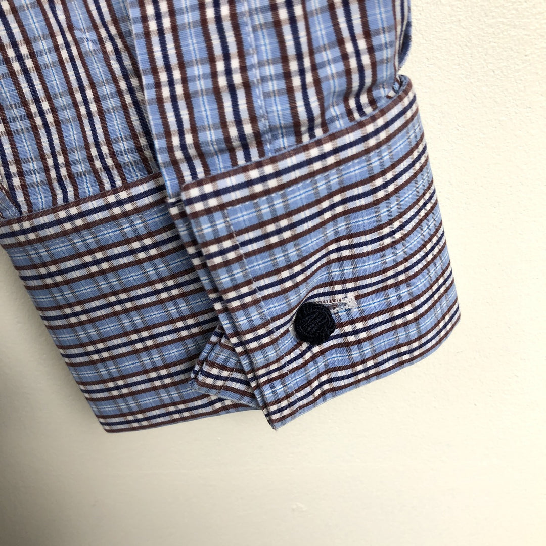 Aquascutum Classic Fit Wide Collar Long Sleeve Cotton Check Shirt, Men's Size L (approx.) cotton Blue type light blue Vintage Second Hand