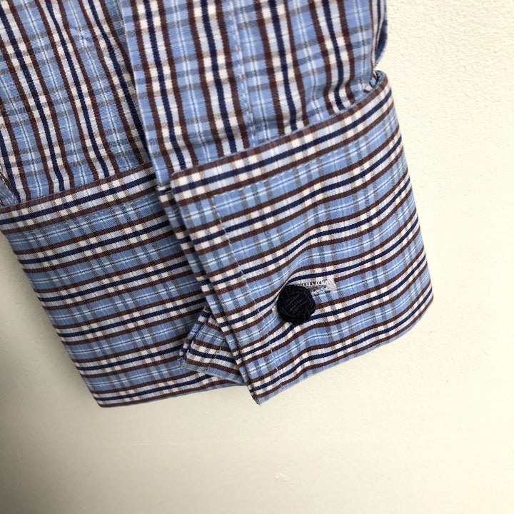 Aquascutum Classic Fit Wide Collar Long Sleeve Cotton Check Shirt, Men's Size L (approx.) cotton Blue type light blue Vintage Second Hand