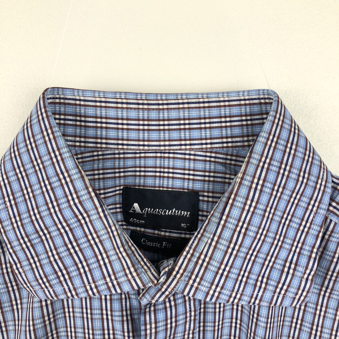 Aquascutum Classic Fit Wide Collar Long Sleeve Cotton Check Shirt, Men's Size L (approx.) cotton Blue type light blue Vintage Second Hand