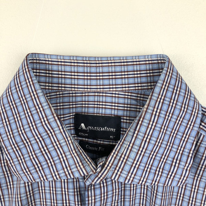 Aquascutum Classic Fit Wide Collar Long Sleeve Cotton Check Shirt, Men's Size L (approx.) cotton Blue type light blue Vintage Second Hand