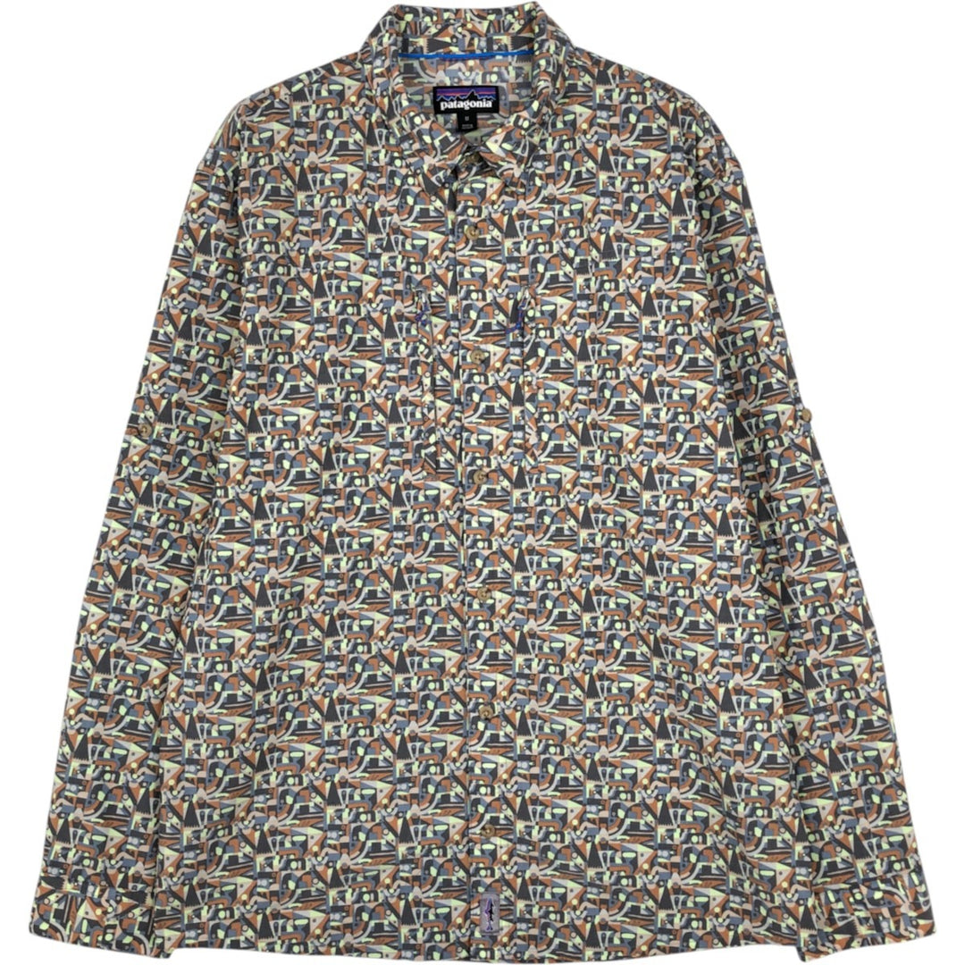 Patagonia 52198SP24 All-over print hidden button-down long-sleeve button-down shirt, men's size M (approx.) Nylon Charcoal Vintage Second Hand
