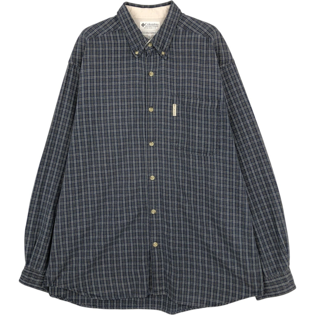 90s-00'S Columbia Long-Sleeve Button-Down Check Shirt, Men's Size XL cotton navy blue type Vintage Second Hand