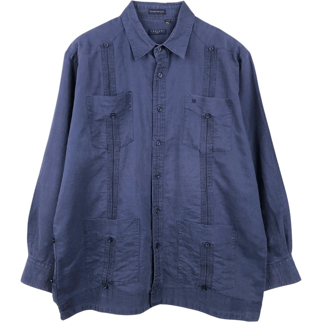 FARIANI Long-Sleeve Mexican Shirt, Cuban Shirt, Boxy Shirt, XL linen navy blue type Vintage Second Hand