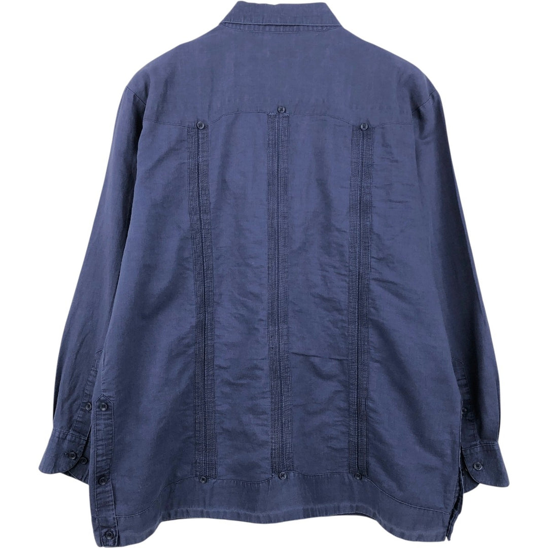 FARIANI Long-Sleeve Mexican Shirt, Cuban Shirt, Boxy Shirt, XL linen navy blue type Vintage Second Hand
