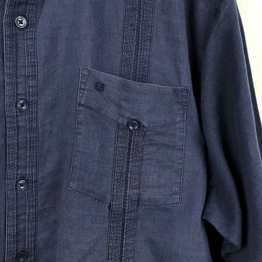 FARIANI Long-Sleeve Mexican Shirt, Cuban Shirt, Boxy Shirt, XL linen navy blue type Vintage Second Hand