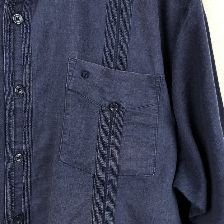 FARIANI Long-Sleeve Mexican Shirt, Cuban Shirt, Boxy Shirt, XL linen navy blue type Vintage Second Hand