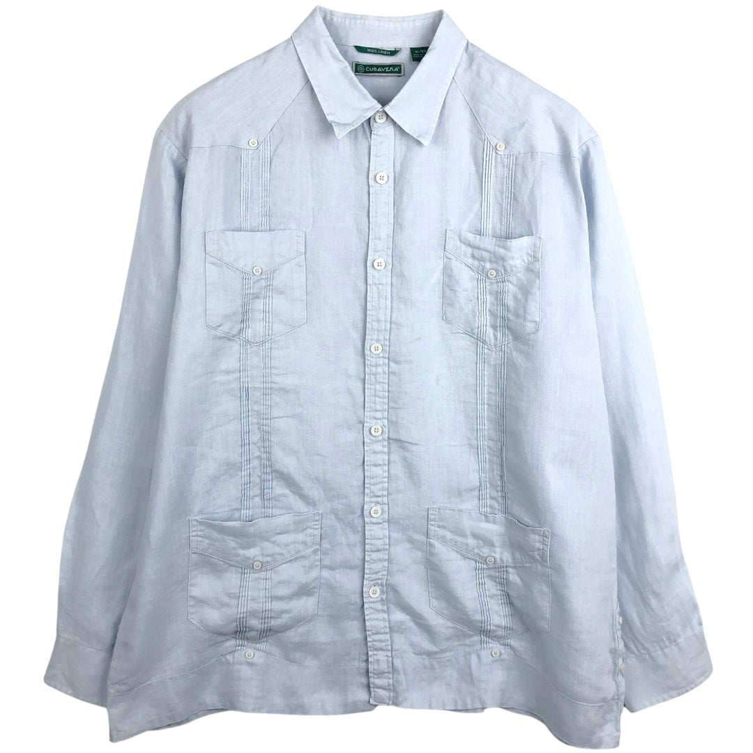 CUBAVERA Long-Sleeve Mexican Shirt, Cuban Shirt, Boxy Shirt, Men's Size XL (approx.) linen navy blue type Vintage Second Hand