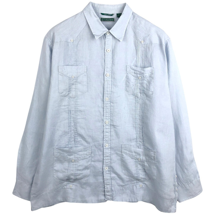 CUBAVERA Long-Sleeve Mexican Shirt, Cuban Shirt, Boxy Shirt, Men's Size XL (approx.) linen navy blue type Vintage Second Hand