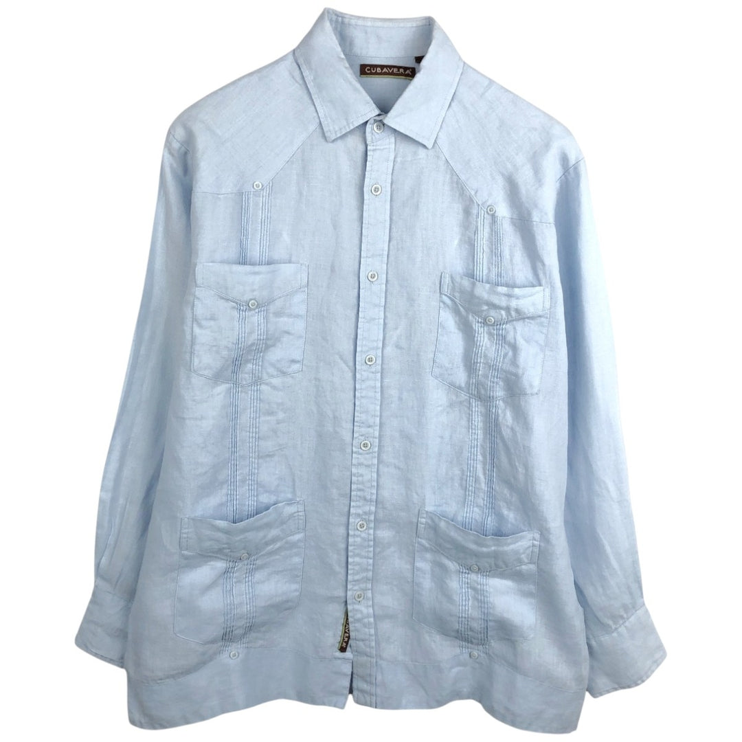 2000'S CUBAVERA Long-Sleeve Mexican Shirt, Cuban Shirt, Boxy Shirt, Men's Size L (approx.) linen Blue type light blue Vintage Second Hand