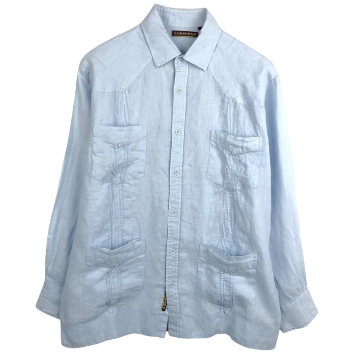 2000'S CUBAVERA Long-Sleeve Mexican Shirt, Cuban Shirt, Boxy Shirt, Men's Size L (approx.) linen Blue type light blue Vintage Second Hand