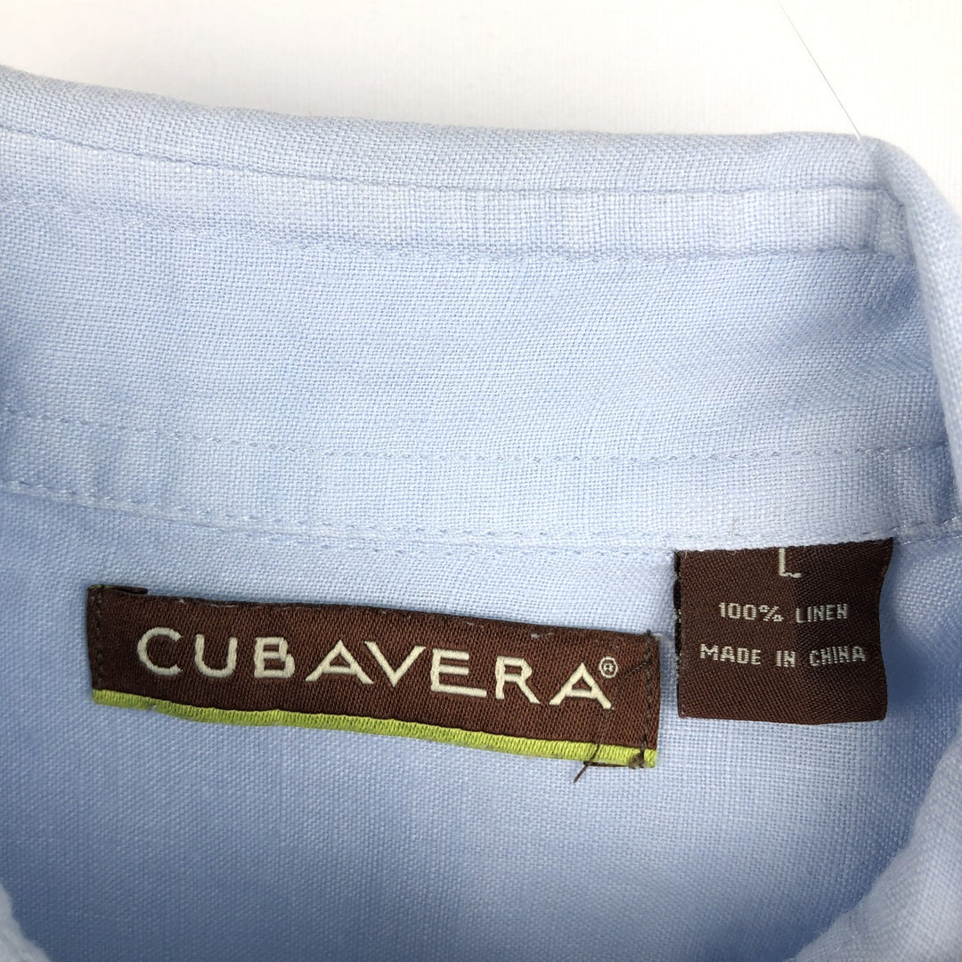 2000'S CUBAVERA Long-Sleeve Mexican Shirt, Cuban Shirt, Boxy Shirt, Men's Size L (approx.) linen Blue type light blue Vintage Second Hand
