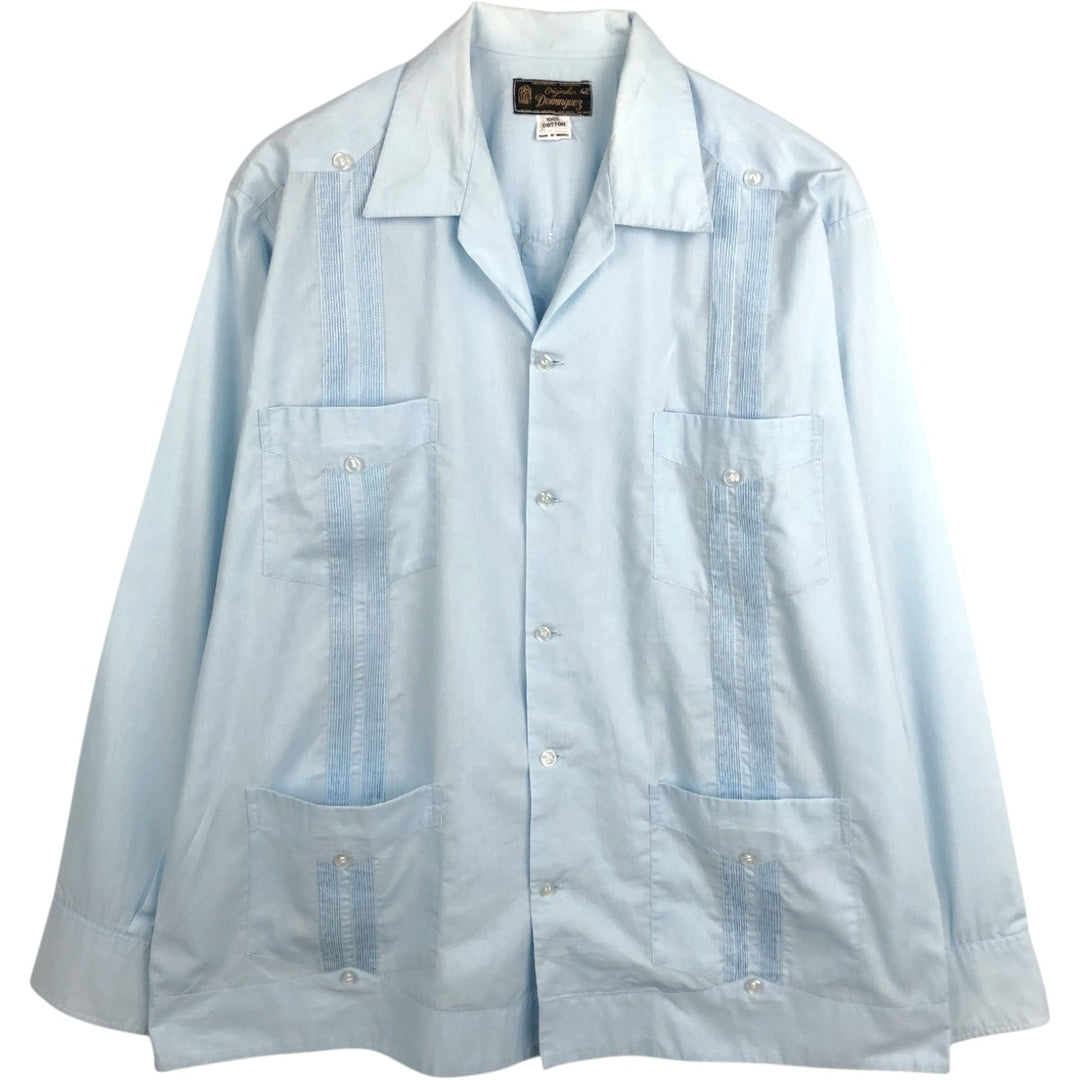 Dominguez Open Collar Long Sleeve Mexican Shirt Cuban Shirt Box Shirt Men's Size L cotton Blue type light blue Vintage Second Hand