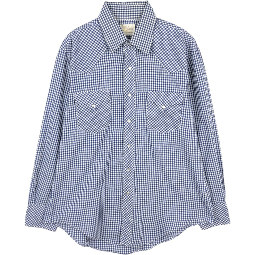 OLDEN SPUR Check Pattern Gingham Check Long-Sleeve Western Shirt, Men's Size L (approx.) unclear navy blue type Vintage Second Hand