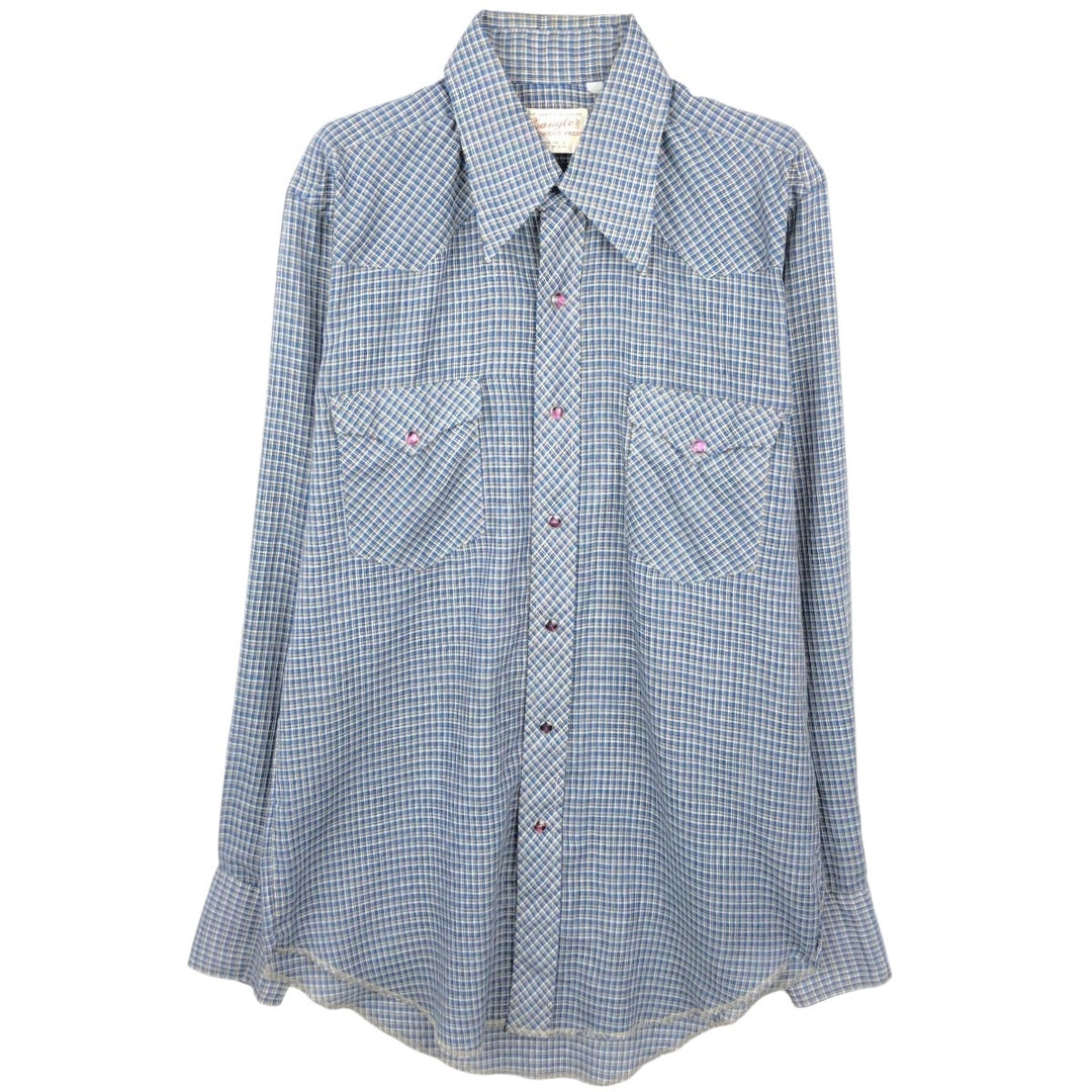1970'S Wrangler Check Pattern Long-Sleeve Western Shirt, Made in USA, Men's Size M (approx.), Vintage unclear blue type Vintage Second Hand