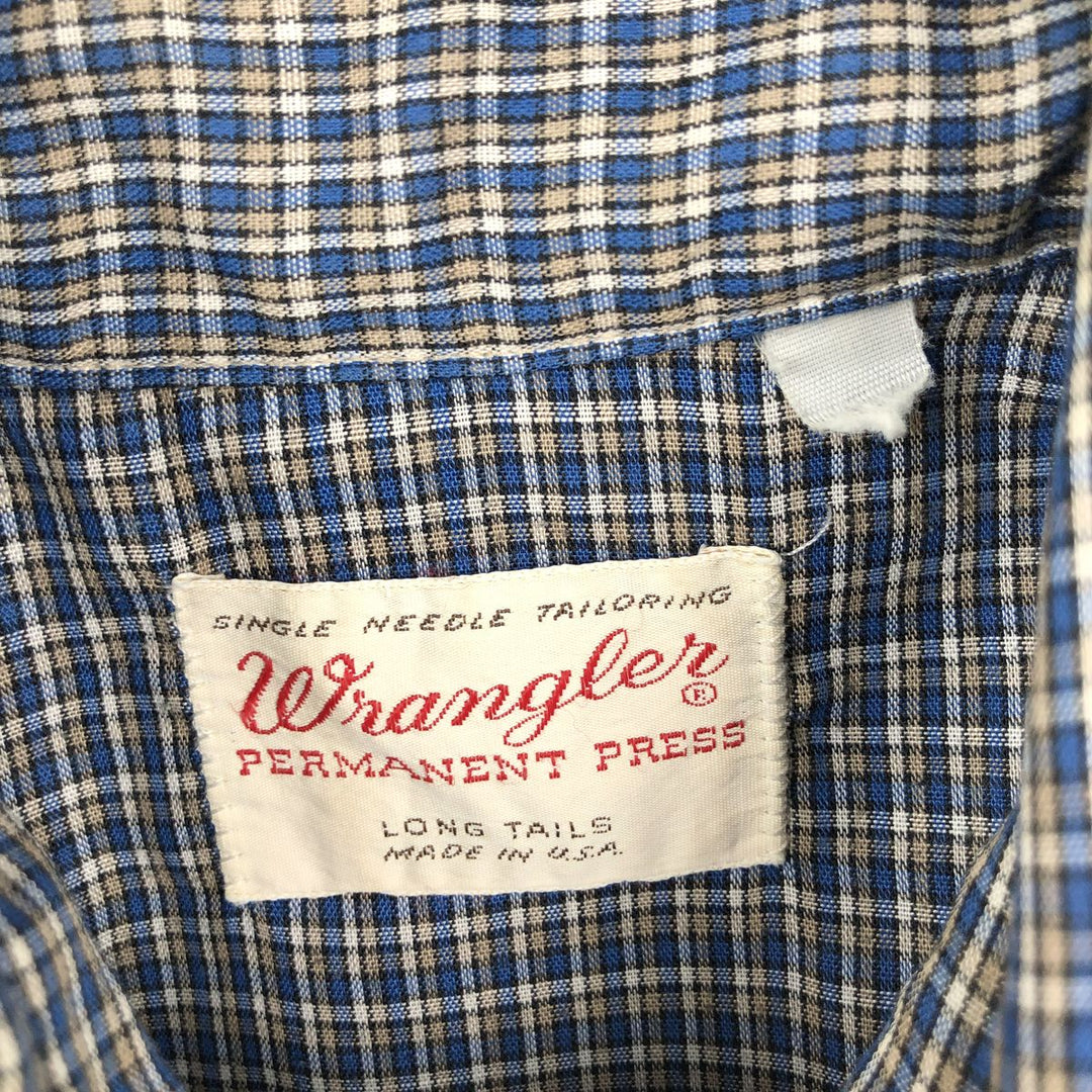 1970'S Wrangler Check Pattern Long-Sleeve Western Shirt, Made in USA, Men's Size M (approx.), Vintage unclear blue type Vintage Second Hand