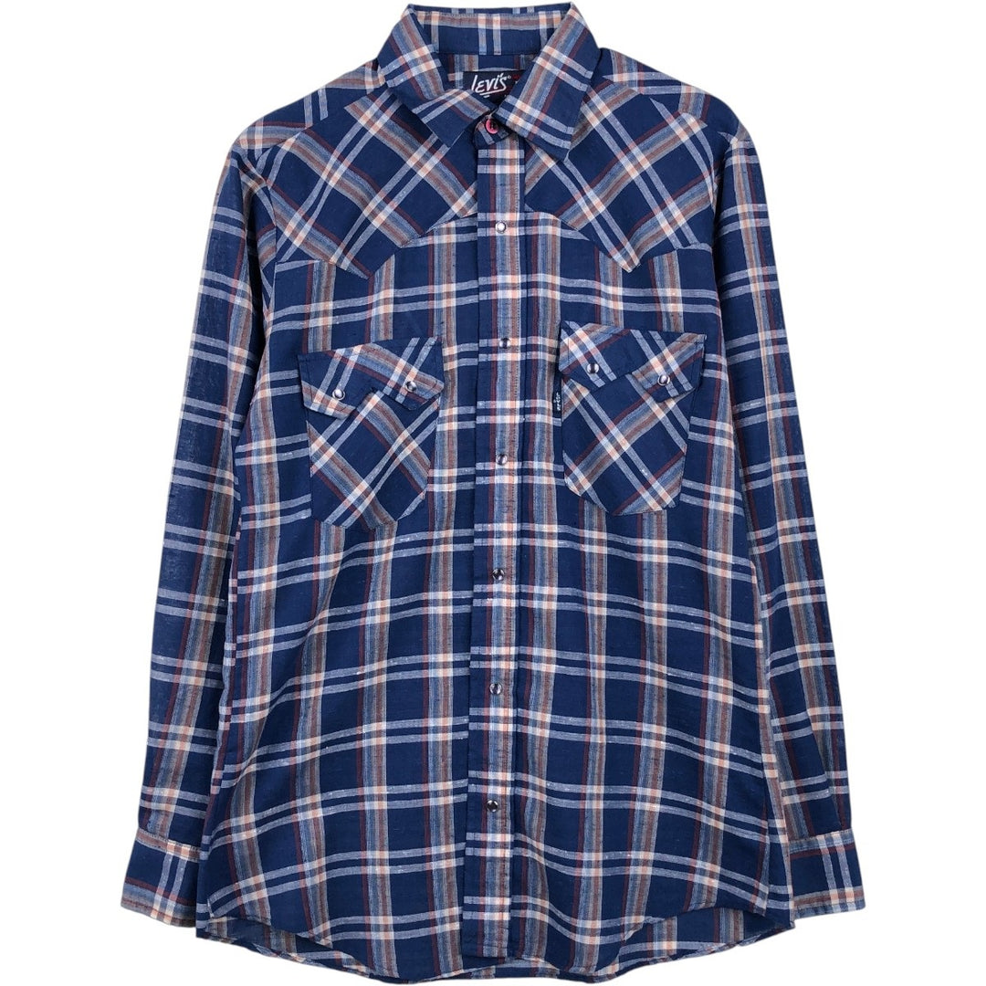 70s-80'S Levi's Tapered Check Pattern Long-Sleeve Western Shirt, Made in USA, Men's Size M (approx.) polyester blue type Vintage Second Hand