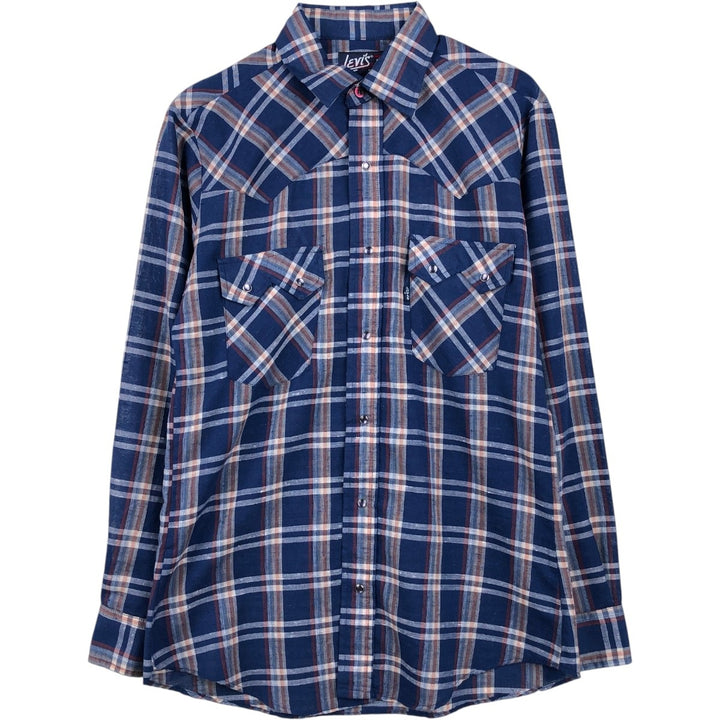 70s-80'S Levi's Tapered Check Pattern Long-Sleeve Western Shirt, Made in USA, Men's Size M (approx.) polyester blue type Vintage Second Hand