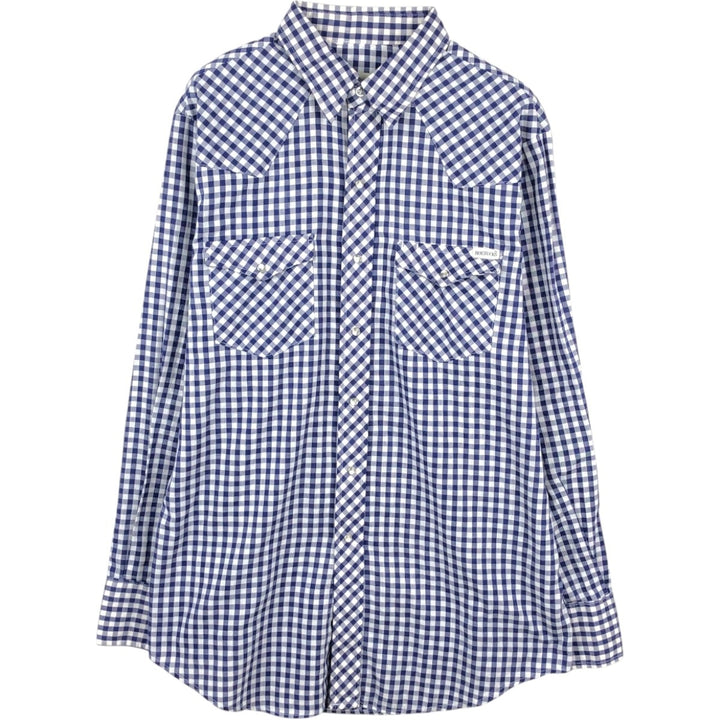 Sears ROEBUCKS Check Pattern Gingham Check Long Sleeve Western Shirt, Made in USA, Men's Size L (Equivalent), Vintage unclear navy blue type Vintage Second Hand