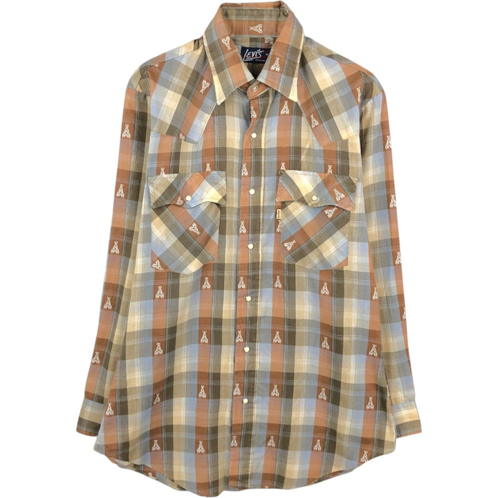 70s-80'S Levi's Regular Fit Long-Sleeve Western Shirt with All-Over Check Pattern, Men's Size M (Equivalent), Vintage unclear Beige type Vintage Second Hand