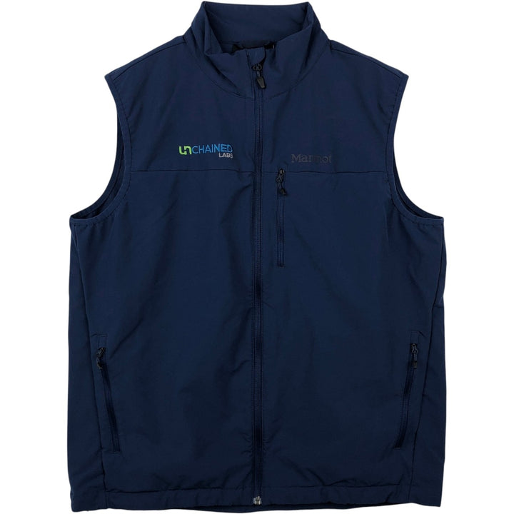 Marmot Advertising Front-Opening Warm-Up Vest, Men's Size L (approx.) polyester Navy blue Vintage Second Hand