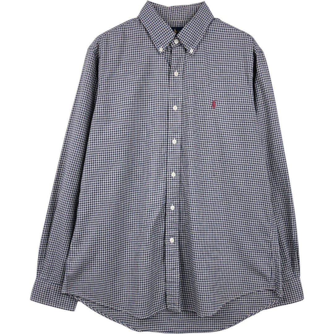 Ralph Lauren long sleeve button down check shirt, men's size L cotton navy blue type Vintage Second Hand