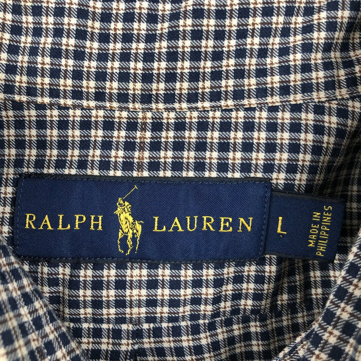 Ralph Lauren long sleeve button down check shirt, men's size L cotton navy blue type Vintage Second Hand