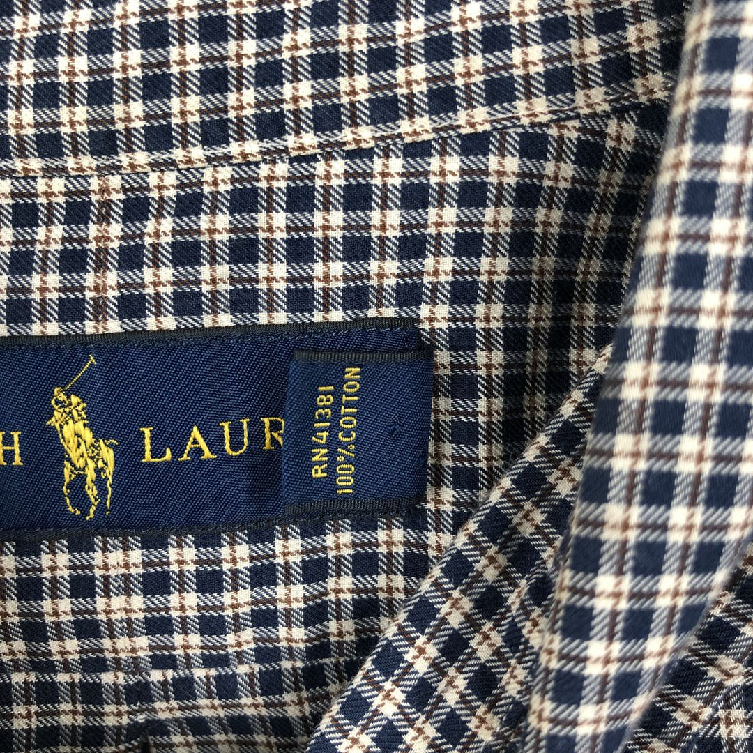 Ralph Lauren long sleeve button down check shirt, men's size L cotton navy blue type Vintage Second Hand