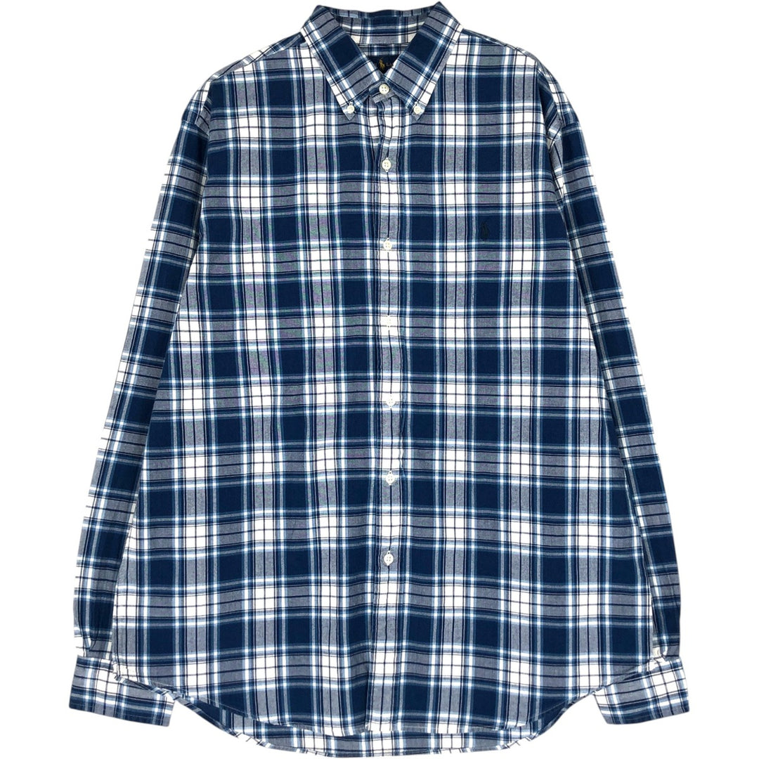 Ralph Lauren Indigo Oxford Long Sleeve Button-Down Check Shirt, Men's Size L cotton navy blue type Vintage Second Hand