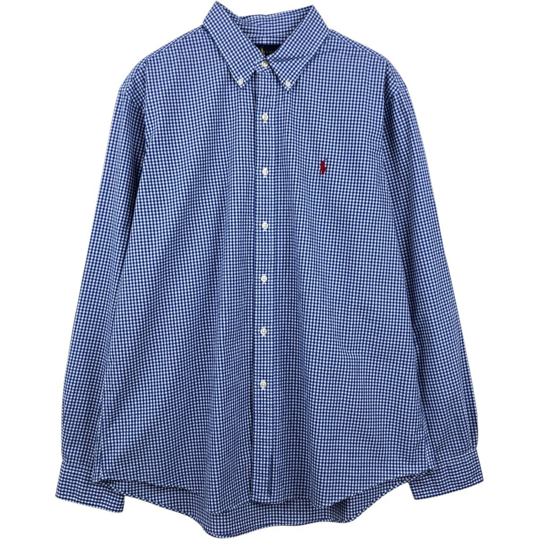 Ralph Lauren CUSTOM FIT Gingham Check Long Sleeve Button Down Check Shirt Men's XL cotton Navy blue Vintage Second Hand