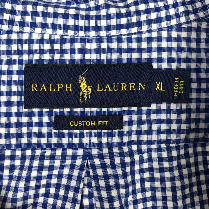 Ralph Lauren CUSTOM FIT Gingham Check Long Sleeve Button Down Check Shirt Men's XL cotton Navy blue Vintage Second Hand