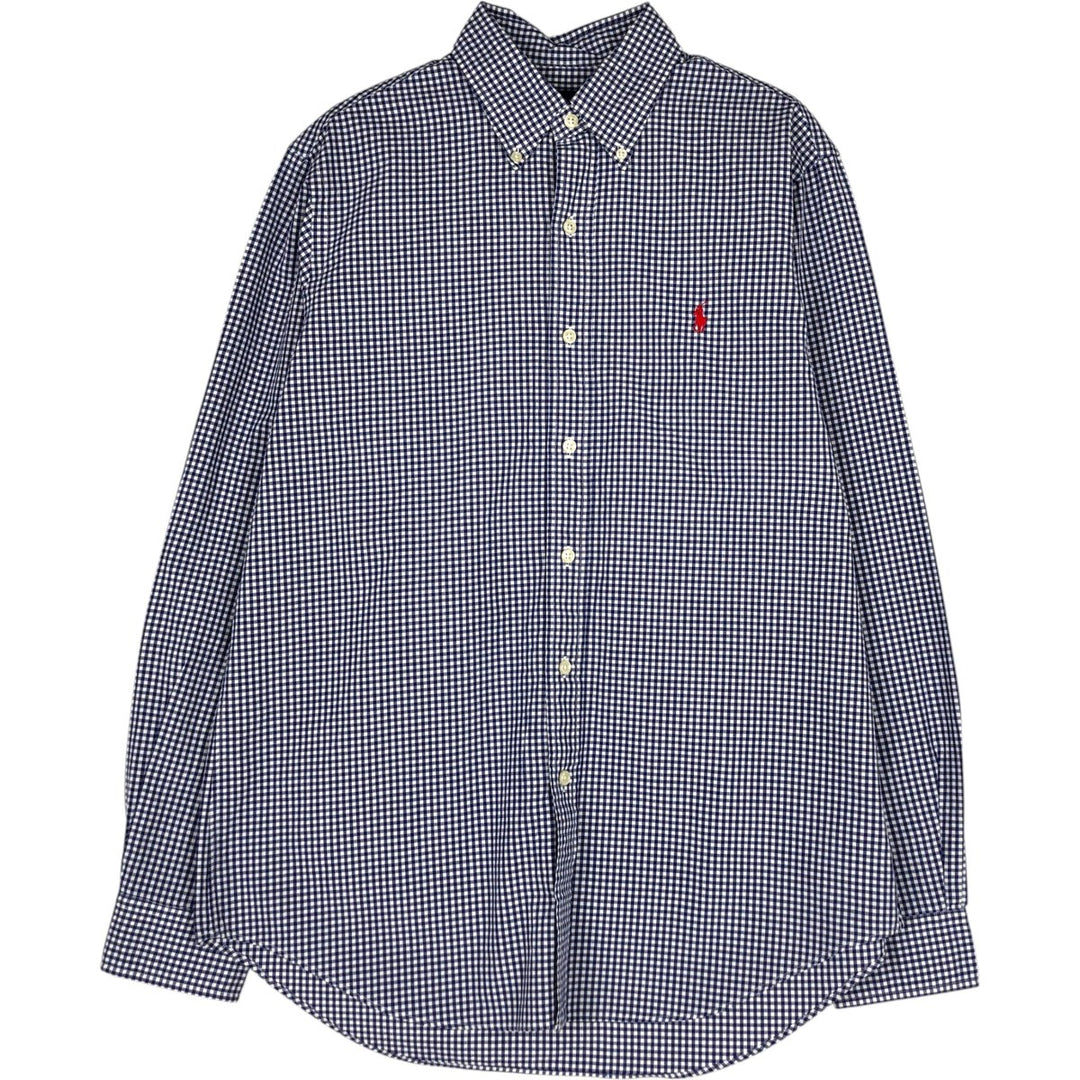 Ralph Lauren Gingham Check Long Sleeve Button-Down Check Shirt, Men's M Size cotton Navy blue Vintage Second Hand