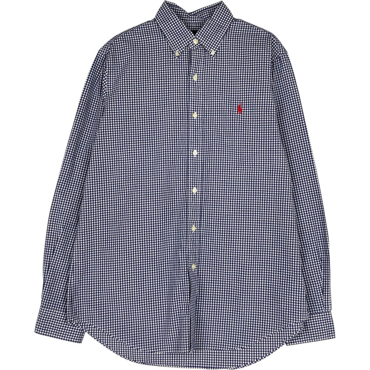 Ralph Lauren Gingham Check Long Sleeve Button-Down Check Shirt, Men's M Size cotton Navy blue Vintage Second Hand