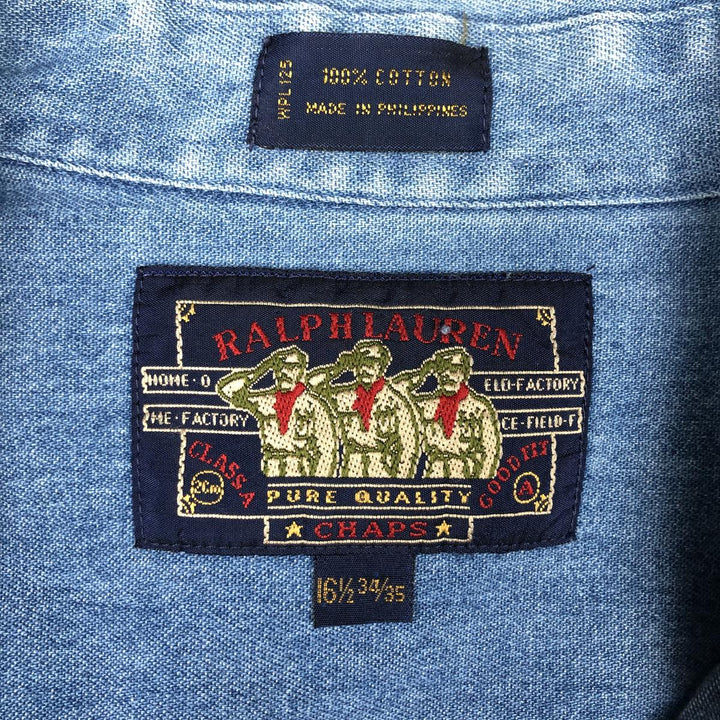 1980'S Ralph Lauren CHAPS Long-Sleeve Denim Shirt, Men's Size L (approx.), Vintage cotton blue type Vintage Second Hand