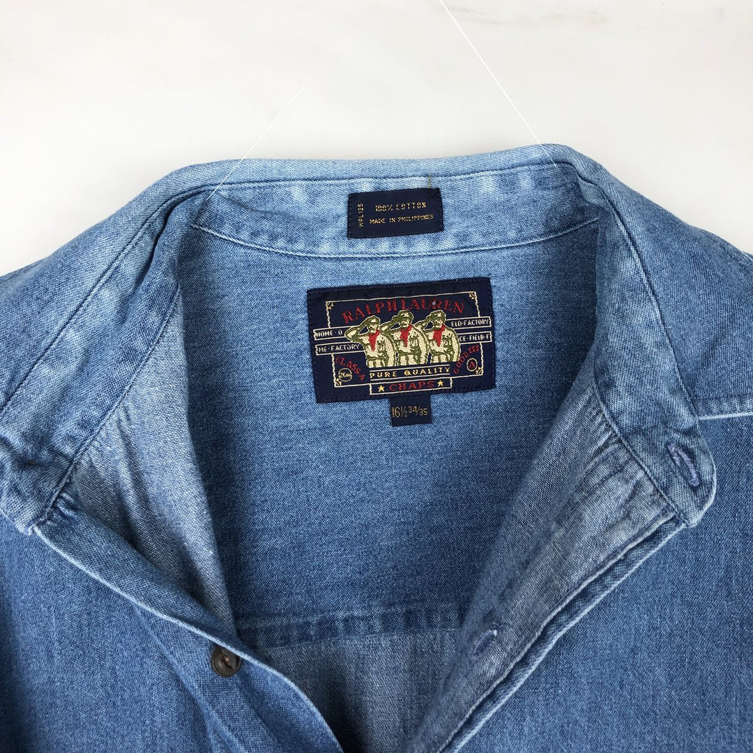 1980'S Ralph Lauren CHAPS Long-Sleeve Denim Shirt, Men's Size L (approx.), Vintage cotton blue type Vintage Second Hand