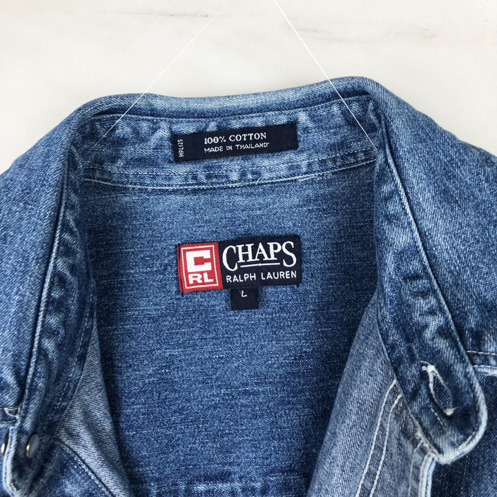 1990'S Ralph Lauren CHAPS Long-Sleeve Denim Shirt, Men's Size L (approx.), Vintage cotton blue type Vintage Second Hand
