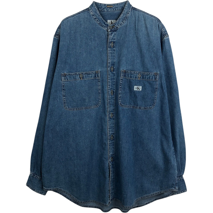 1990'S Calvin Klein Jeans Denim Stand Collar Shirt, Made in Canada, Men's Size XL (approx.), Vintage cotton blue type Vintage Second Hand