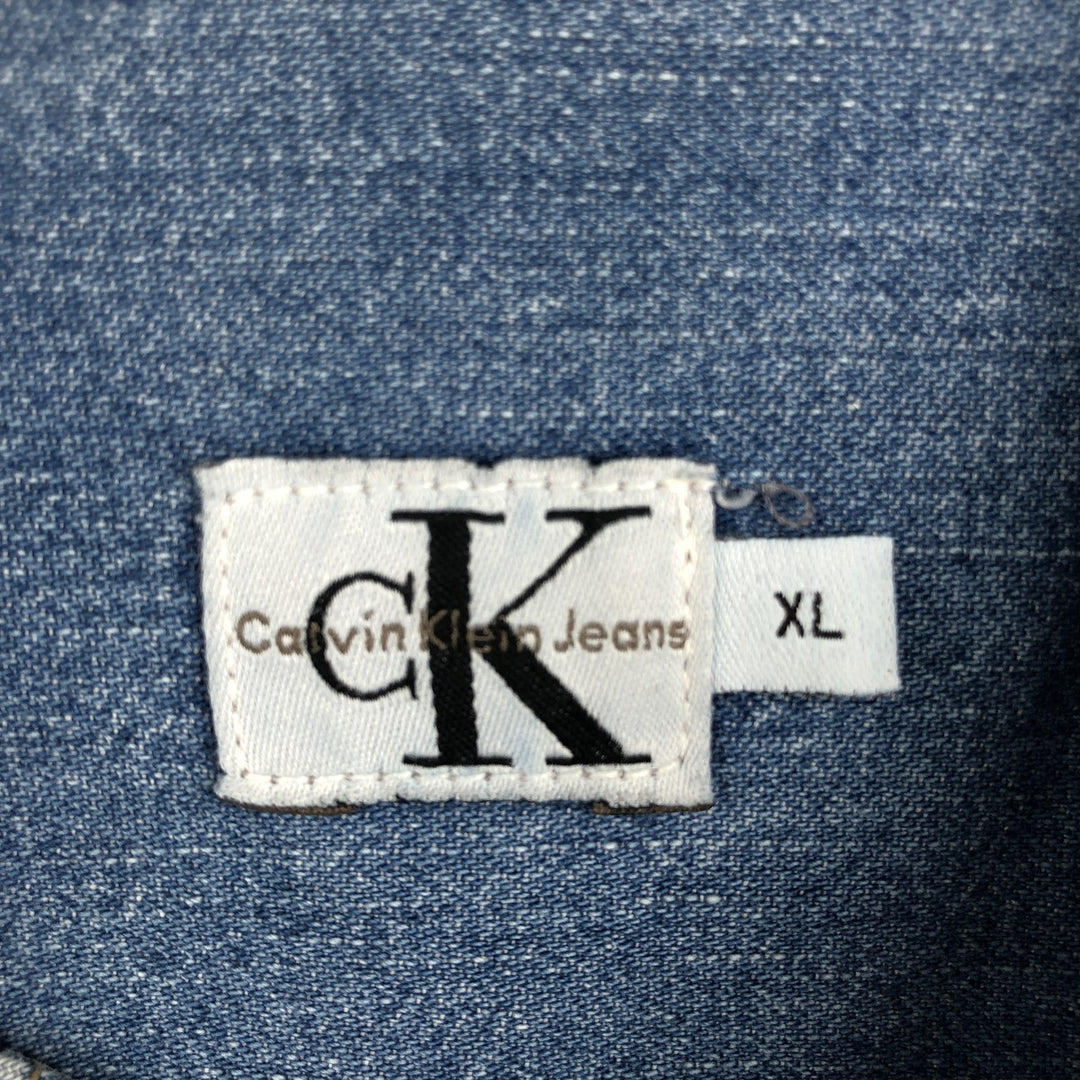 1990'S Calvin Klein Jeans Denim Stand Collar Shirt, Made in Canada, Men's Size XL (approx.), Vintage cotton blue type Vintage Second Hand