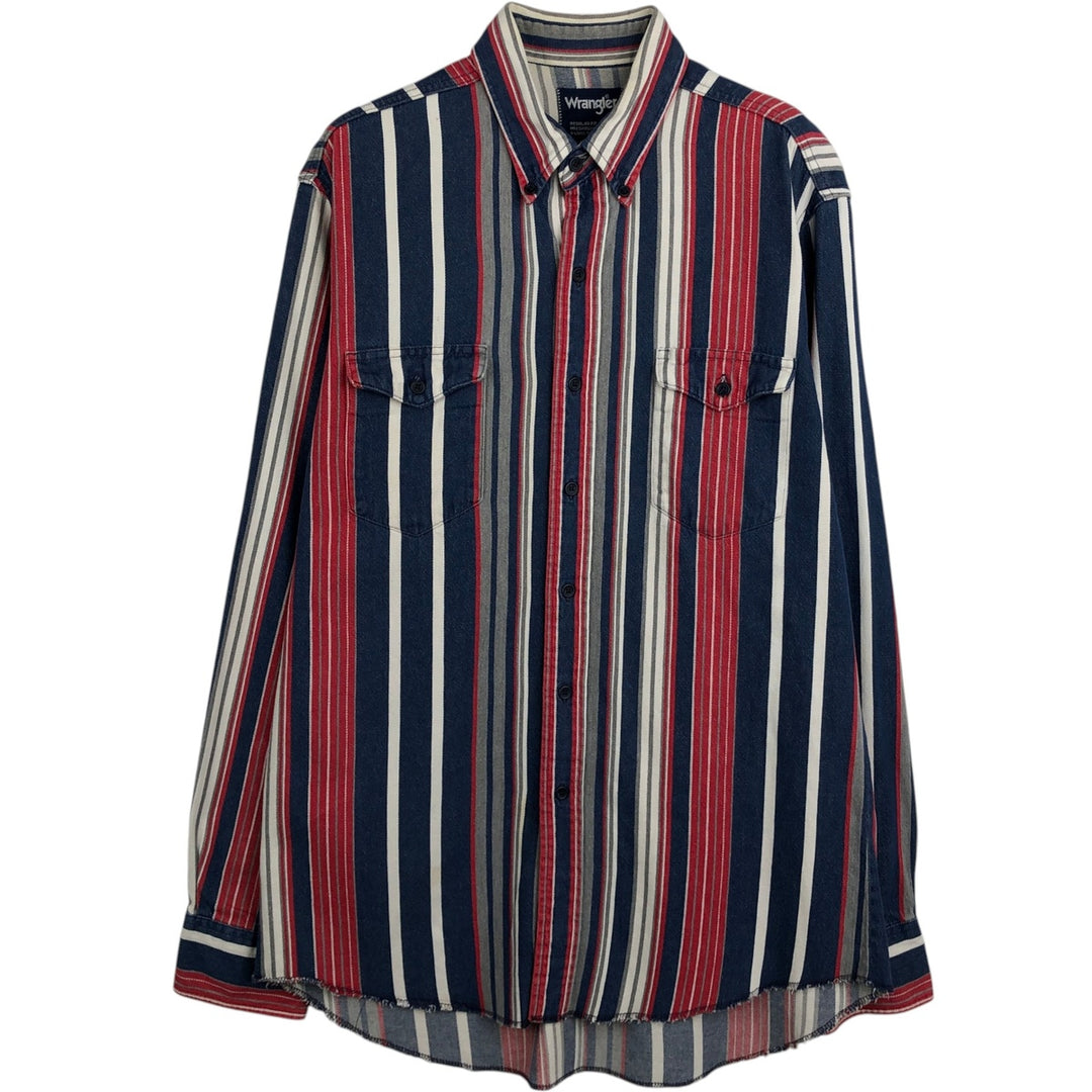 Wrangler Regular Fit Stripe Pattern Multi-Stripe Long Sleeve Button-Down Denim Shirt (Men's Size L) unclear navy blue type Vintage Second Hand